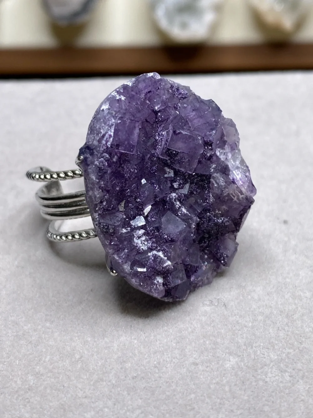 Purple Fluorite Crystal Cluster Ring • Deep Violet Stone • Geometric Statement - Picture 1 of 9